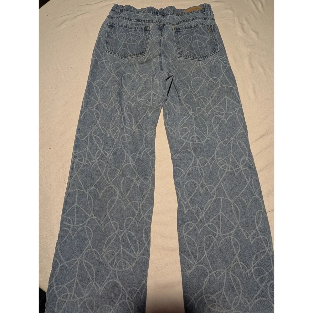 Justice Girls Blue Heart Peace Sign Print‎ Wide Leg Denim Jeans Size 14